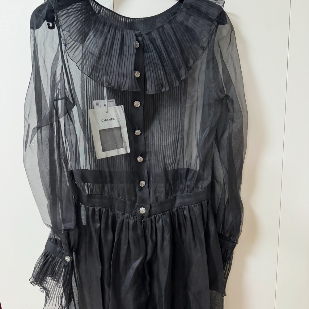 Chanel Sheer Black Dress with Ruffled Collar